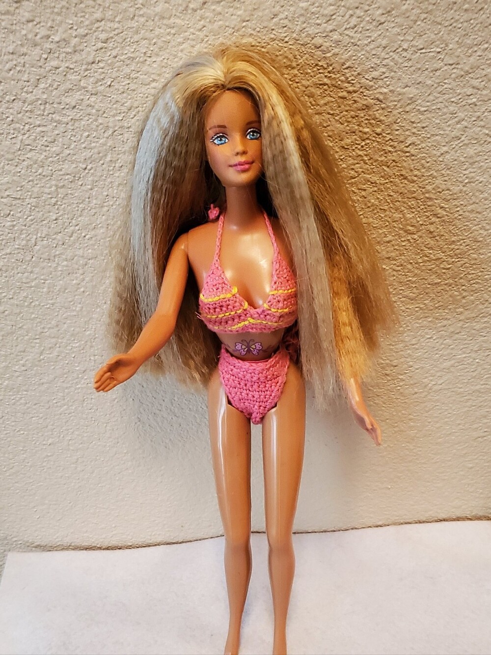 Vintage 1998 Butterfly Tatoo Barbie Pink Crochet Bikini.